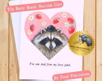 Romantic Raccoon Strawberry Greeting Card
