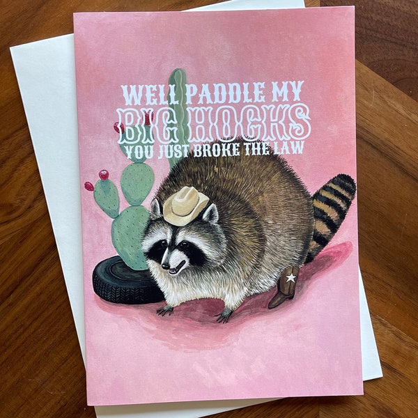 Perfectly Cute and Romantic Raccoon Cowboy Greeting Card - Original Art by Feral Felicitations