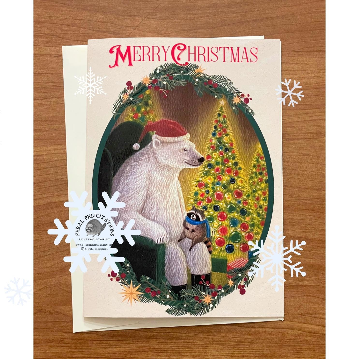 Polar Bear Santa Holiday greeting Raccoon Card - Original Art By Feral Felicitations