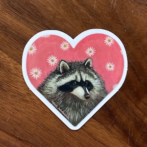 Raccoon and Flower Heart Sticker Decal - Original Art by Feral Felicitations