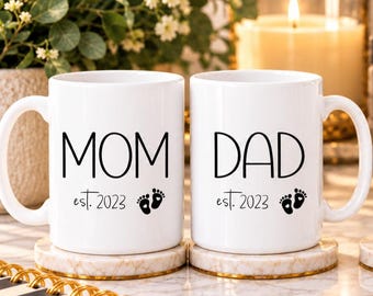 Personalized Mom Dad Mugs, Mom and Dad Mugs, Expecting Parents Gift, Est 2023, Parents to Be Gift, New Parent Gift, Baby Shower Gift