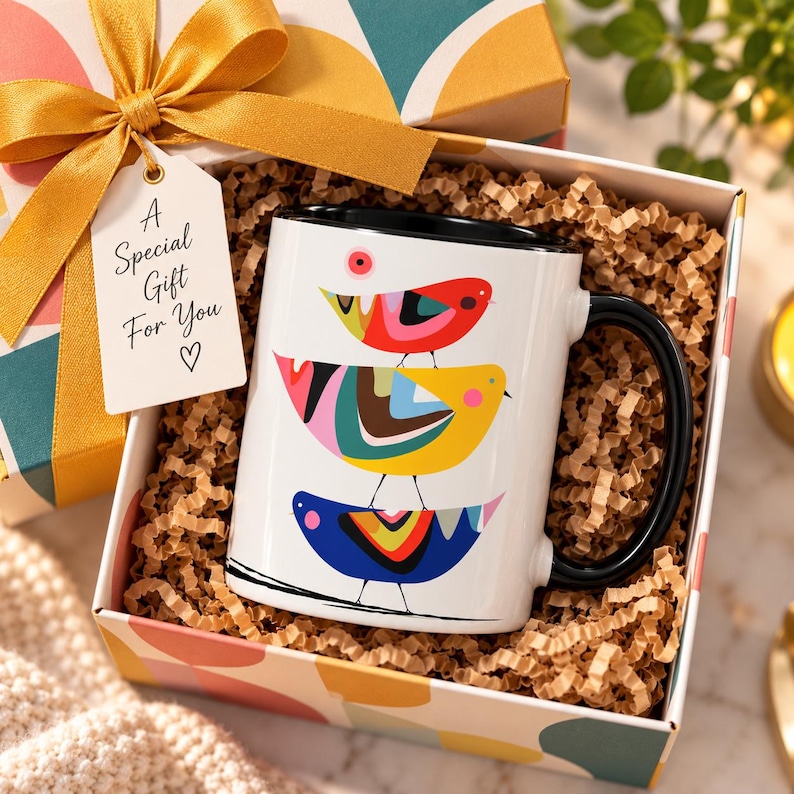 Puede incluir: Una taza de cer&aacute;mica blanca con asa y borde negros, que presenta un gr&aacute;fico colorido de tres p&aacute;jaros apilados en rojo, amarillo y azul. La taza est&aacute; en una caja de regalo con relleno de papel marr&oacute;n y una etiqueta que dice A Special Gift For You.