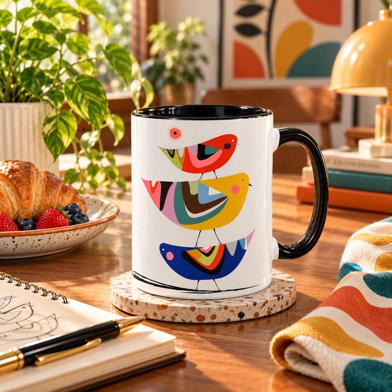 Puede incluir: Una taza de cer&aacute;mica blanca con interior y asa negros, que presenta una pila vertical de tres aves estilizadas en rojo, amarillo y azul con patrones geom&eacute;tricos coloridos. La taza descansa sobre un posavasos beige moteado.
