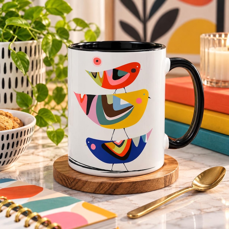 Puede incluir: Una taza de cer&aacute;mica blanca con interior y asa negros, que presenta una pila vertical de tres p&aacute;jaros estilizados en rojo, amarillo y azul con coloridos patrones geom&eacute;tricos en sus cuerpos, apoyada sobre un posavasos de madera redondo.