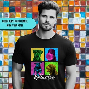 ロットワイラーポップアートシャツ、明るい色のポップコミックスタイルの純血種の犬用アパレル、犬のママとパパのためのロティウェアブロックデザイン