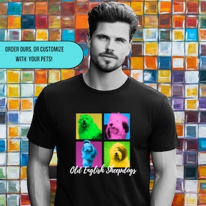 Koszulka Old English Sheepdog Pop Art w jasnych kolorach, w stylu komiksowym, czysta rasa psa, odzież OES, blokowy wzór dla mamy i taty psa