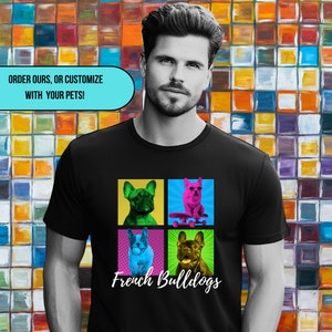 Koszulka z motywem pop-artu z buldogiem francuskim w jasnym kolorze w stylu komiksowym, rasowa odzież dla psów, ubranie dla buldoga francuskiego w blokowym wzorze dla mamy i taty psa