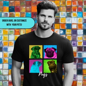 Koszulka Pug Pop Art w jasnych kolorach w stylu komiksowym dla psów czystej rasy. Ubranie Pug w blokowym wzorze dla mamy i taty psa