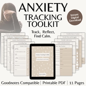 May include: Anxiety Tracking Toolkit digital download with 11 pages. Includes trackers for appointments, medication, anxiety attacks, grounding, daily gratitude, and weekly calm scores. The text reads "Track, Reflect, Find Calm."
