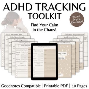 May include: ADHD Tracking Toolkit digital download with 10 pages. Includes trackers for daily symptoms, weekly wins, and medication. The text "Find Your Calm in the Chaos!" is displayed above the trackers.