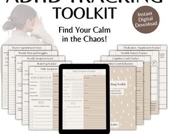 May include: ADHD Tracking Toolkit digital download with 10 pages. Includes trackers for daily symptoms, weekly wins, and medication. The text "Find Your Calm in the Chaos!" is displayed above the trackers.