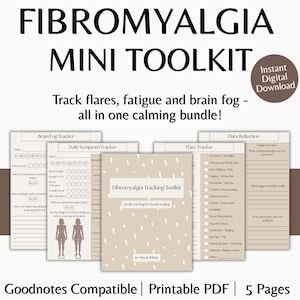 Könnte beinhalten: Ein digitales Fibromyalgie Mini-Toolkit mit beigem Cover und weißem Text. Das Toolkit enthält Tracker für Gehirnnebel, tägliche Symptome und Flare-Reflexionen. Der Text lautet: "Verfolgen Sie Schübe, Müdigkeit und Gehirnnebel - alles in einem beruhigenden Paket!" und "Sofortiger digitaler Download."