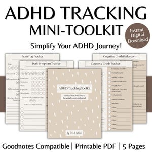 Puede incluir: Mini-kit de seguimiento del TDAH con una cubierta beige y un diseño abstracto blanco. El kit incluye rastreadores para la niebla mental, los síntomas diarios y la reflexión sobre el choque cognitivo. Se muestra el texto "Simplify Your ADHD Journey!"