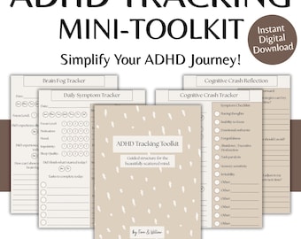 Può includere: Mini-kit di monitoraggio dell'ADHD con copertina beige e design astratto bianco. Il kit include tracker per nebbia mentale, sintomi quotidiani e riflessione sull'incidente cognitivo. Viene visualizzato il testo "Simplify Your ADHD Journey!"