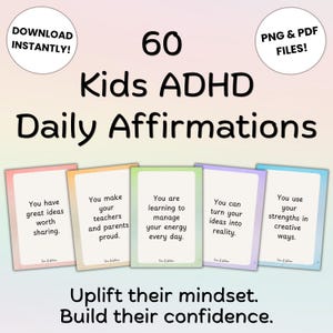 Könnte beinhalten: Bild von 60 Kids ADHD Daily Affirmations Karten. Jede Karte hat eine andere positive Affirmation. Die Karten sind in verschiedenen Farben und haben einen Aquarell-Effekt. Der Text "Uplift their mindset. Build their confidence." steht unten.