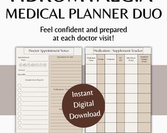 Puede incluir: Un dúo de planificadores médicos para la fibromialgia, con una página de notas de citas médicas y un rastreador de medicamentos/suplementos. El diseño incluye espacio para fechas, síntomas y detalles de medicamentos. Se muestra el texto "Instant Digital Download".