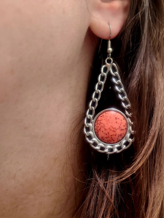 Vintage coral and silver-toned drop hook earrings - image 2