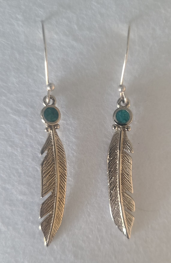 Silver Metal and Turquoise Feather drop earrings