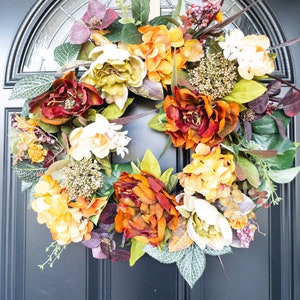 Boho Winter Wreath, Orange Peony and Hydrangea Fall Wreath For Front Door, Bright Floral Wreath, Year Round Neutral Wreath