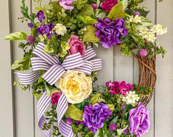 Purple Hydrangea and Yellow Rose, Wreath for Front Door, Colorful Summer, Elegant Mother's Day Wreath, Vibrant Summer Wreath, Housewarming