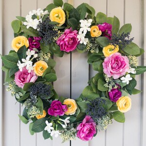 Colorful Spring Wreath, Pink Floral, Yellow Ranunculus, Bright Front Door Wreath, Vibrant Summer Wreath, Bright Summer Wreath, Year Round