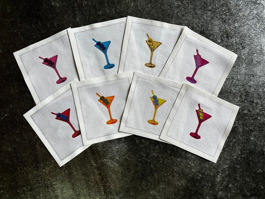 Retro Martini Cotton Cocktail Napkins, Bar Cart Decor, Napkin Set, Pool