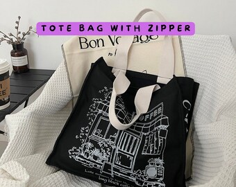 Tote Bag with Zipper - Canvas Shoulder Bag - Minimalist with Zipper - Ladies Casual Handbag - Tote Bag Reusable Large Cotton - Women tote