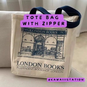 Women Tote Bag - Canvas Shoulder Bag - London Books Print Ladies Casual Handbag - Tote Bag Reusable Large Cotton - Tote bag with zipper