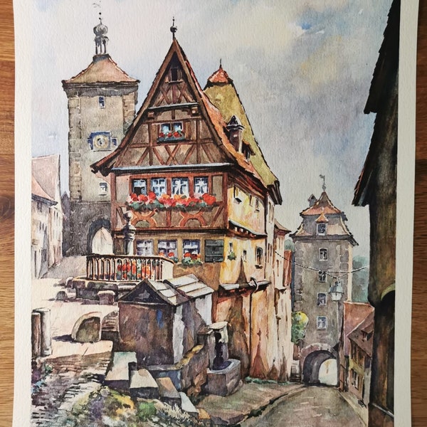 Schöne Lithographie aus den 30er Jahren, 'Rothenburg ob der Tauber / Plönlein'. Ungerahmt. Nach Original-Aquarell von Prof. M. Schoeflein