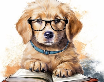 Golden Retriever with Glasses Reading a Book