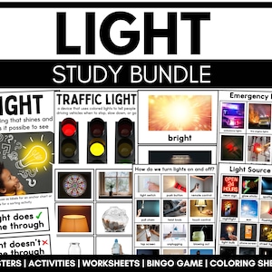 Op de afbeelding: Een kleurrijke educatieve posterset voor het leren over licht. De poster bevat een definitie van licht, een diagram van een verkeerslicht, een bingospel over lichtbronnen en een sectie over noodverlichting. De poster bevat ook activiteiten en werkbladen.