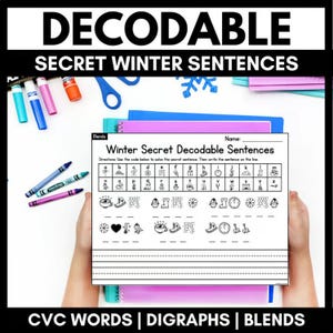 Könnte beinhalten: Ein ausdruckbares pädagogisches Arbeitsblatt mit dem Titel Winter Secret Decodable Sentences, das einen Buchstaben-Symbol-Code und Schreibzeilen enthält. Die Seite zeigt schwarz-weiße Illustrationen von Wintersymbolen und leere Felder.