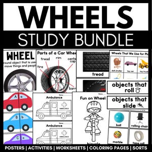 May include: A colorful educational poster set for preschoolers about wheels. The poster includes illustrations of a car wheel, an ambulance, a bicycle, and other objects that roll or slide. The poster also includes text labels for each object, such as "tread", "rim", "center cap", "ball", "rolling chair", and "tape roll".