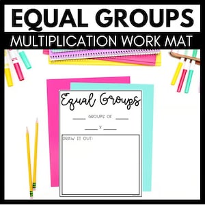 May include: A white educational work mat with the text Equal Groups, Groups of, and Draw It Out, layered over pink and light blue paper. The mat is surrounded by yellow pencils, colorful markers, and spiral-bound notebooks on a white surface.