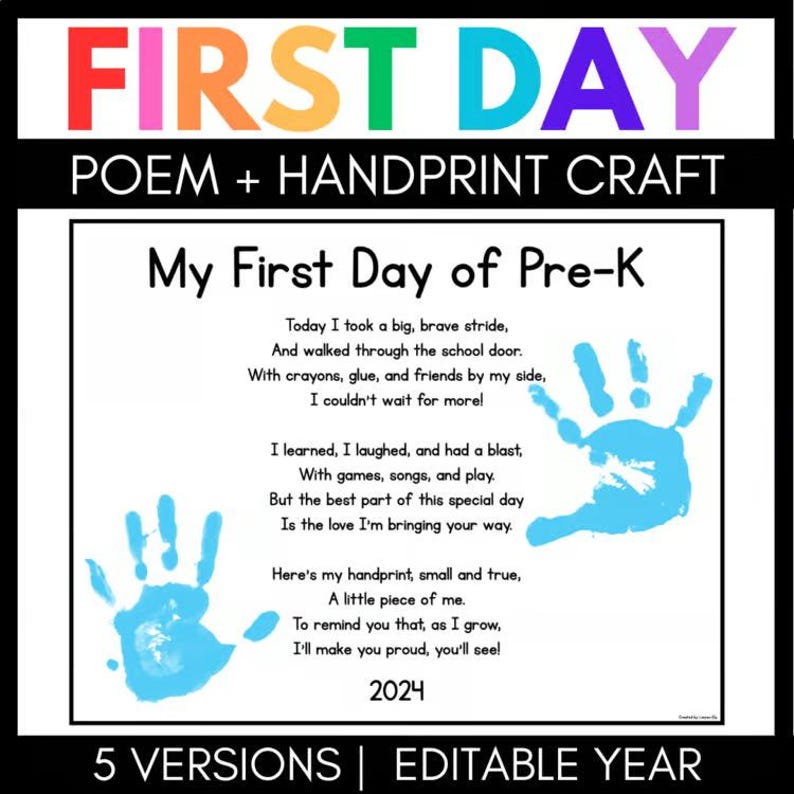 Handprint Header First Day of School Poem & Handprint Craft | Editable Year | Preschool ...