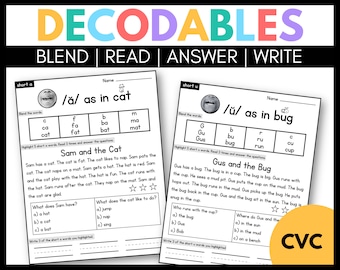 Könnte beinhalten: Ein schwarz-weißes Arbeitsblatt mit dem Titel "Decodables" und den Wörtern "Blend, Read, Answer, Write". Das Arbeitsblatt ist in zwei Abschnitte unterteilt, einen für den kurzen "a"-Laut und einen für den kurzen "u"-Laut. Jeder Abschnitt enthält ein Bild eines Mundes, der den Laut macht, eine Tabelle mit Wörtern, die den Laut enthalten, und einen kurzen Leseabschnitt mit Fragen.