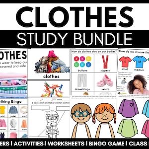 May include: A colorful printable educational resource for teaching children about clothes. The resource includes posters, activities, worksheets, a bingo game, and a class book. The resource features illustrations of different types of clothing, including shirts, pants, dresses, and sweaters. The resource also includes text explaining how clothes stay on our bodies and how to choose the right size.