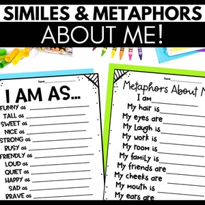 Similes and Metaphors About Me - Figurative Language Worksheets