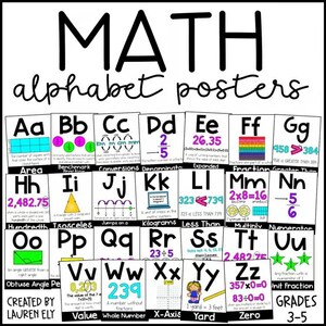 May include: A set of educational math alphabet posters featuring letters A through Z, each paired with a mathematical term, definition, and colorful graphic. The posters are arranged in a grid, with the title MATH alphabet posters at the top.