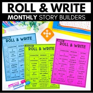 Pode incluir: Três folhas de atividades retangulares Roll & Write para criação de histórias mensais em azul, verde-limão e rosa. Cada folha apresenta uma grade com ícones de dados, personagens, problemas e cenários. Um dado laranja e dois marcadores.