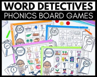 Può includere: Un set di giochi da tavolo di fonetica stampabili per bambini. I giochi presentano illustrazioni colorate di vari oggetti e parole come "pentola", "prosciutto" e "00". I giochi sono progettati per aiutare i bambini ad imparare la fonetica e migliorare le loro capacità di lettura.