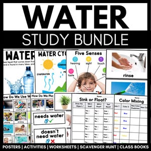 May include: A colorful set of educational resources for teaching about water. The set includes posters, activities, worksheets, a scavenger hunt, and class books. The resources feature illustrations of the water cycle, how we use water, and how we play with water. The set also includes a chart for teaching about sink or float and a chart for teaching about color mixing.