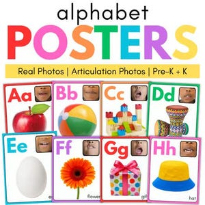 May include: A set of educational alphabet posters featuring letters A through H, each paired with a real-life photograph of an object and a close-up of a mouth demonstrating articulation. The posters include images of an apple, ball, castle, drum, egg, flower, gift, and hat.
