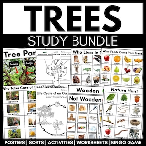 May include: A set of printable educational worksheets for kids about trees. The worksheets include activities like labeling parts of a tree, identifying what lives in trees, and what foods come from trees. There are also activities about the life cycle of an oak tree, a nature hunt, and a sorting game for wooden and non-wooden objects.