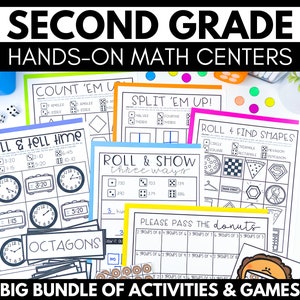 Può includere: Un set di attività di centro di matematica stampabili per la seconda elementare. Le attività includono giochi come "Roll & Tell Time", "Count 'Em Up", "Split 'Em Up!" e "Roll & Find Shapes".
