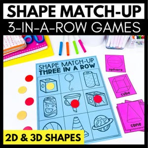 2D and 3D Shape Games for Kindergarten | Shape Match Up Three in a Row Math Center