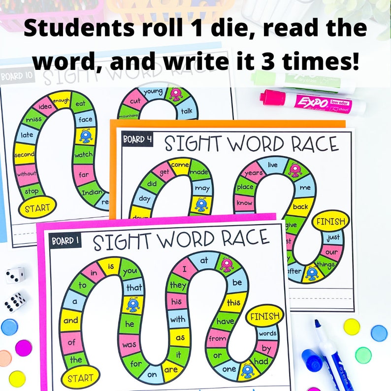 May include: Three colorful game boards with the title "Sight Word Race" printed on each. The boards are designed for a game where players roll a die and move their game piece around the board, landing on sight words. The boards feature different sight words, including "at", "is", "in", "you", "that", "they", "his", "with", "as", "it", "are", "on", "be", "this", "have", "from", "or", "one", "had", "come", "get", "made", "may", "place", "know", "live", "years", "me", "back", "give", "just", "our", "things", "after", "to", "a", "and", "of", "the", "was", "for", "idea", "enough", "eat", "miss", "face", "late", "second", "watch", "without", "far", "did", "stop", "Indian", "day".