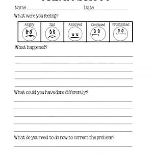 May include: A black and white Think Sheet worksheet featuring a Name and Date line, a What were you feeling section with five emoji faces labeled Angry, Sad, Annoyed, Confused, and Frustrated, followed by three lined sections for written responses.