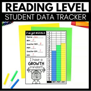 May include: A student data tracker sheet titled READING LEVEL STUDENT DATA TRACKER with sections for goals, a growth mindset illustration of a brain lifting weights, and a bar graph tracking progress from BOY to EOY with letters A through Z.