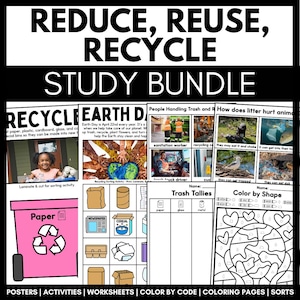Puede incluir: Un paquete de estudio con las palabras "Reduce, Reuse, Recycle" en la parte superior. El paquete incluye carteles, actividades, hojas de trabajo, código de color, páginas para colorear y clasificaciones. La imagen muestra un contenedor de reciclaje rosa con la etiqueta "Papel".